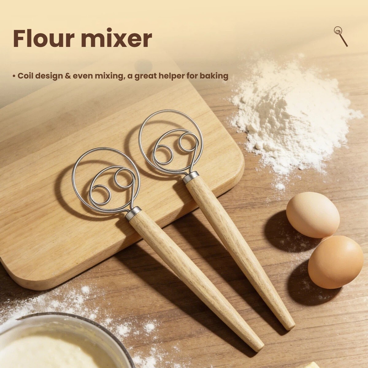 Danish Pancake Pan - Dough Whisk Large Wood Handle Danish